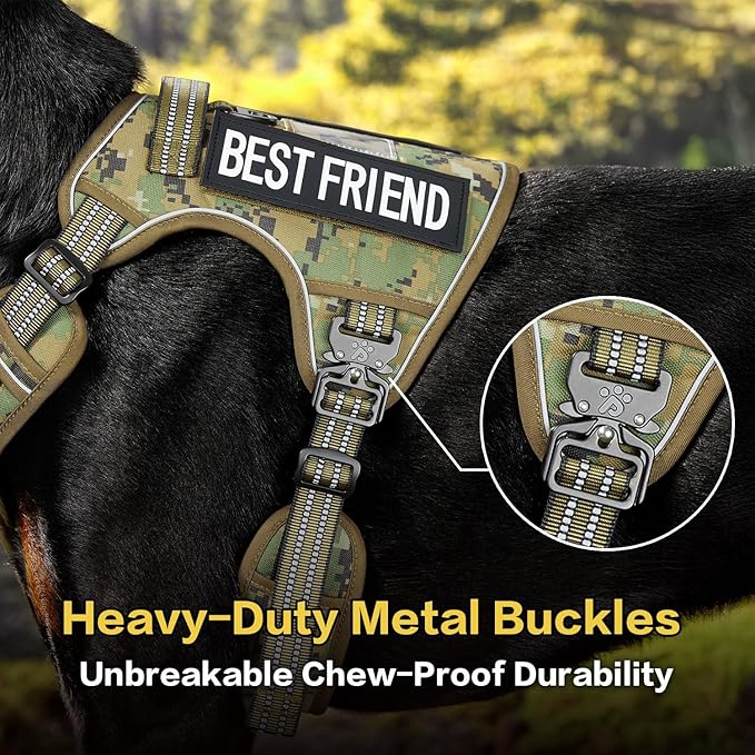 PawsPassion Tactical Dog Harness for Large Dogs, Chew-Proof Metal Hardware, Heavy Duty No Pull Dog Harness, Reflective Strips, Adjusting Ring, MOLLE System, Hook and Loop Panel (Forest Recon, L)