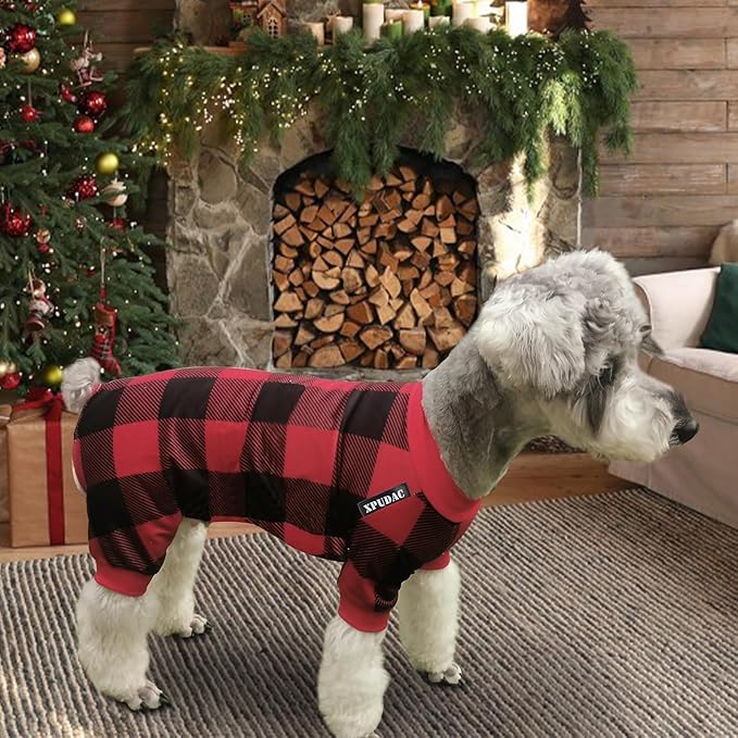 XPUDAC 4 Pack Dog Pajamas for Small Dogs Cats Plaid Doggie Clothes Puppy Onesies Christmas Pajamas Jumpsuits Pet Pjs Shirt Apparel X-Large, Red Green Khaki Grey