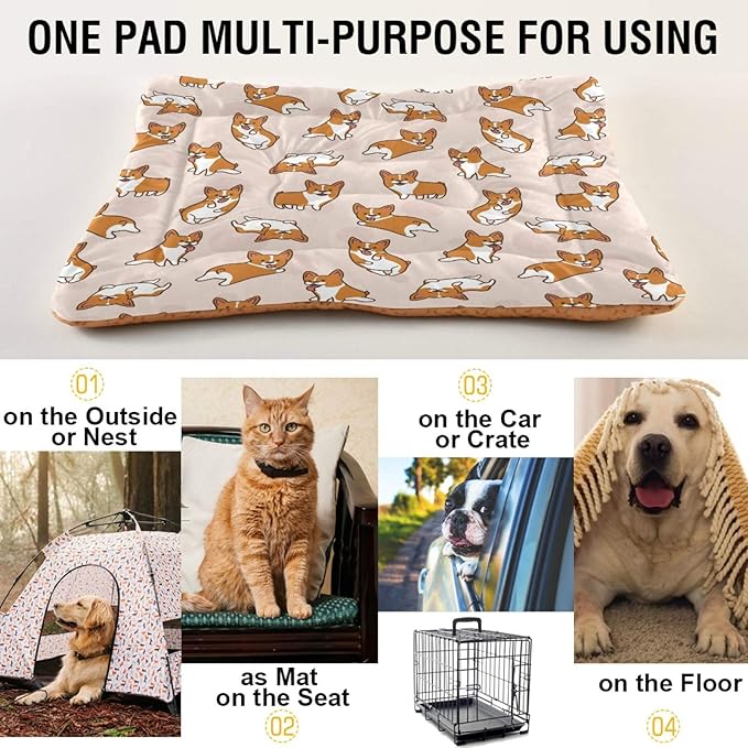 Cartoon Corgis Pattern Pet Bed for Small/Medium Dogs Cat | Pet Mat for Dog Cat Crates | Durable Polyester and Non-Slip Bottom Pet Bed, 24x36in