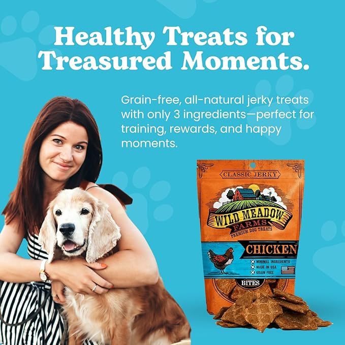 Wild Meadow Farms - Classic Chicken Bites, Soft Jerky Treats for Dogs, Grain-Free & All-Natural, Ideal for Training, Portioning, and High-Value Rewards for All Breeds & Ages - 3.5 Ounce Pouch