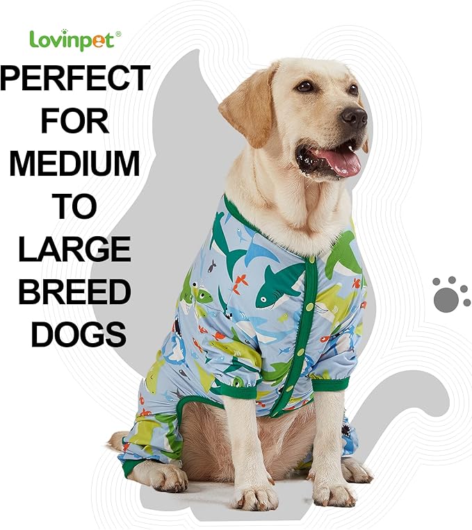 LovinPet Surgical Recovery Shirt for Large Dogs, Undershirt for Dog Coats, Lightweight Stretchy Knit Dog Onesie, Big Bites Turquoise Print, Pitbull Shirt, UV Protection,Stop Shedding for Dogs, 3XL