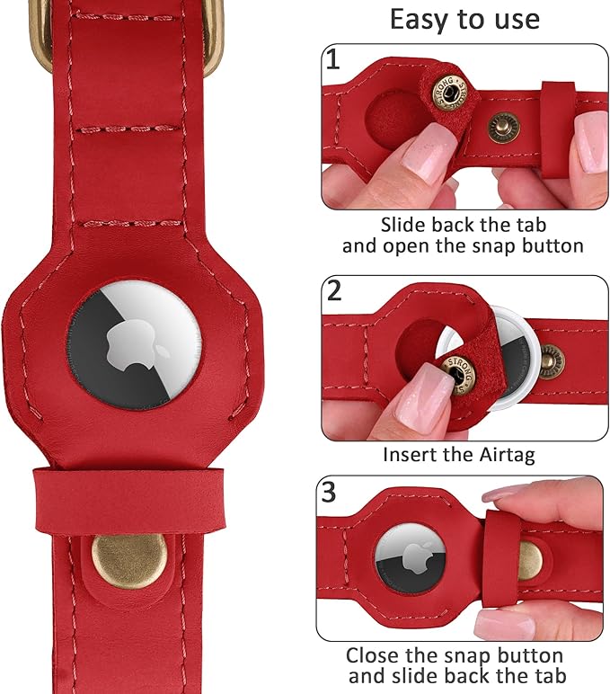 AirTag Dog Collar - Genuine Leather Dog Collar with Apple AirTag Holder and Metal Buckle - Smart GPS Tracking Pet Collars for Small Medium Large Dogs Puppy (Red, XS, 9"-12" Neck Fit)
