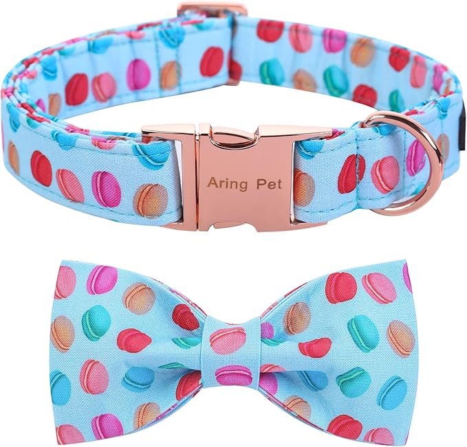 ARING PET Summer Macaroon Bowtie Dog Collar, Adjustable Cotton Bow Pet Collar with Metal Buckle