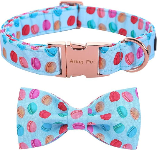 ARING PET Summer Macaroon Bowtie Dog Collar, Adjustable Cotton Bow Pet Collar with Metal Buckle