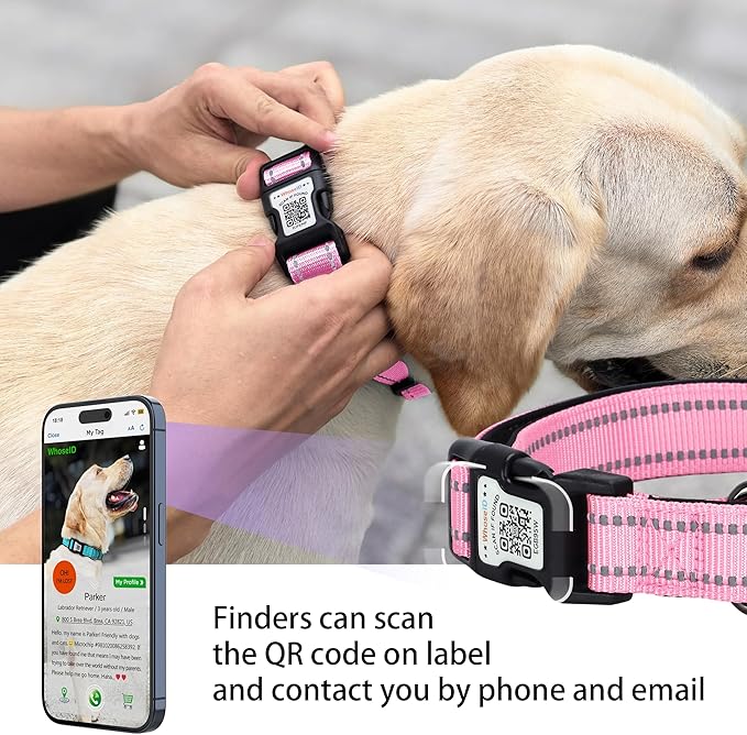Dog Collar with QR Code, Reflective Dog Collar, Soft Neoprene Padded & Safety Locking Buckle Adjustable Pet Collar (Pink, XS-with Airtag Holder)