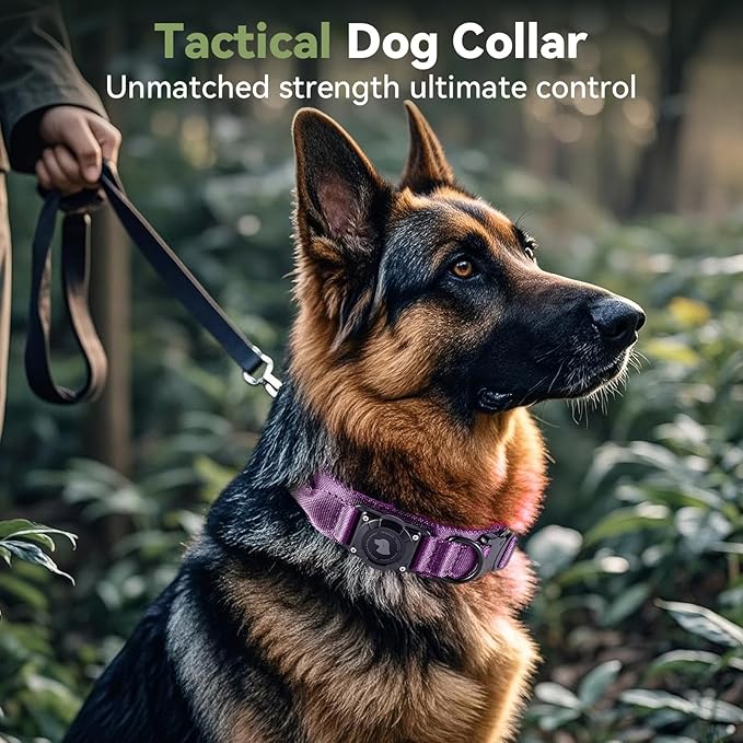 2025 Upgrade Waterproof AirTag Dog Collar, Military Tactical Dog Collar with AirTag Holder, Comfortable Control Handle and Metal Buckle, GPS Dog Collar Holder for Medium to Large Dogs (Purple, L)