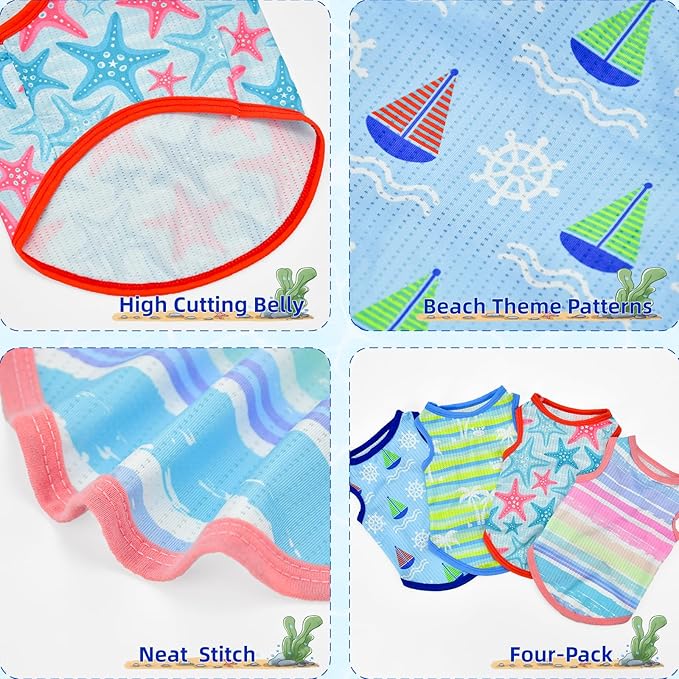 4-Pack Dog Cooling Shirt Dog Summer Tank Tops Puppy Cooling Quick Dry Sleeveless Shirts with Stripe Beach Seafish Sailboat Patterns Dog Cooling Vest for Small Meddium Dogs XS