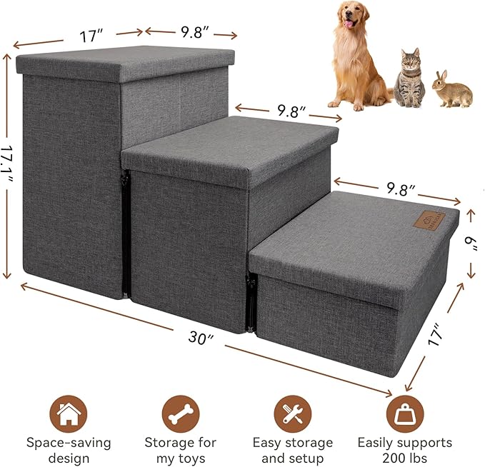 Dog Stairs with Storage 18" H, 3-Step Wider Dog Steps for Small/Medium/Large Old Dogs Cats, Folding Sturdy Pet Stairs Climbing Bed Couch, Ramp for Car Hold Up to 200 lbs (Dark Grey, No Condo)
