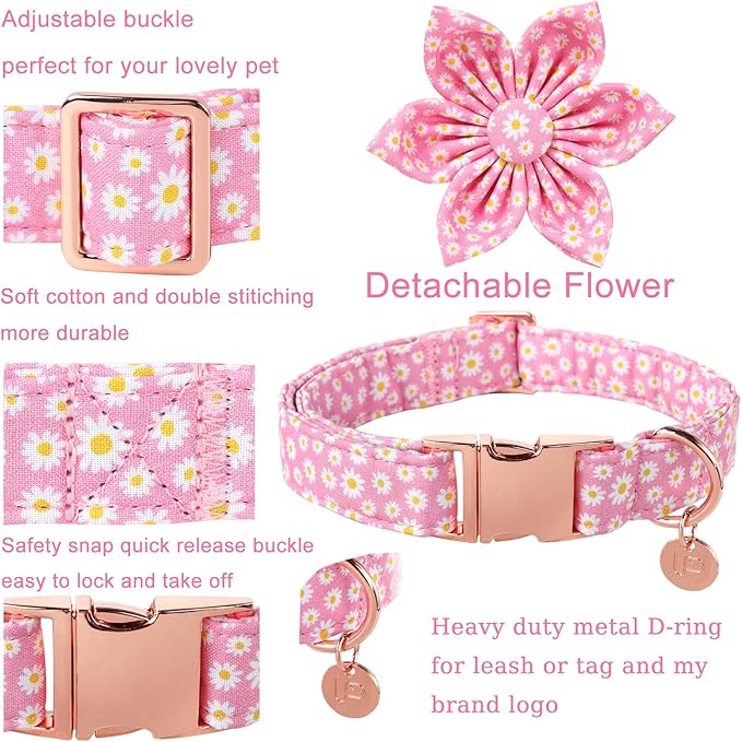 Summer Dog Collar with Pink Daisy Flower, Cotton, XL, Extra Large Dog, Comfortable Blue Collar with Metal Buckle, Detachable Flower