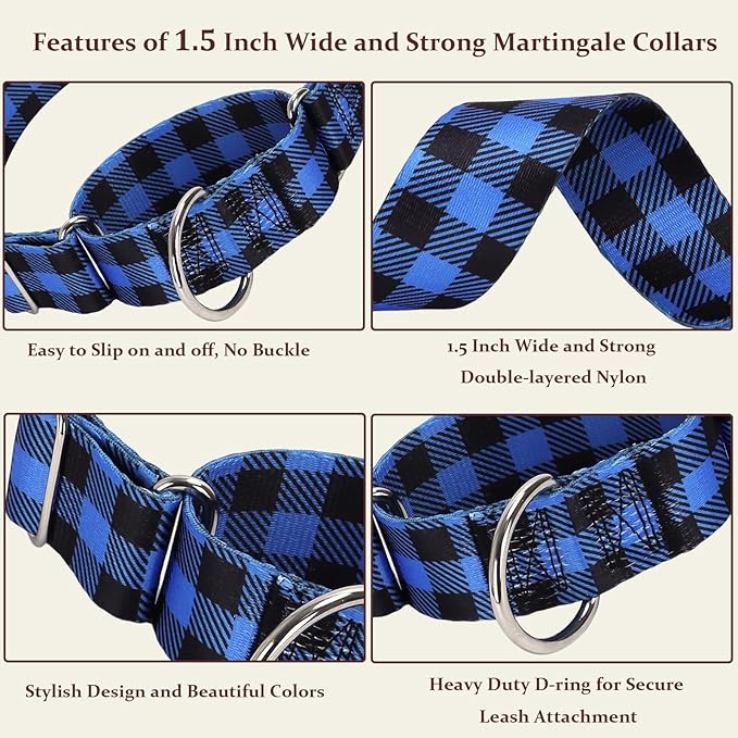 1.5 Inches Martingale Collar for Dogs Large Medium, with Special Blue Plaid Design, Adjustable Premium No Slip Collar for Girl Boy Dogs(Blue Plaid M)