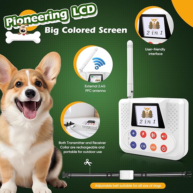 Wireless Dog Fence System, 2025 Electric Fence for Dog & Training Collar with Big LCD Screen, Portable Wireless Fence with 2.4GPFC Antenna, Waterproof & Adjustable Dog Perimeter Collar