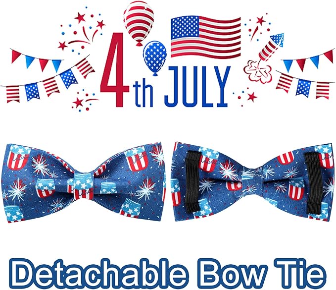 4th of July Dog Collar with Bow Tie, Patriotic Bowtie Dog Collar, American Flag Collar for X-Large Boy Girl Dog, Comfortable Summer Bowtie Collar with Metal Buckle, XL