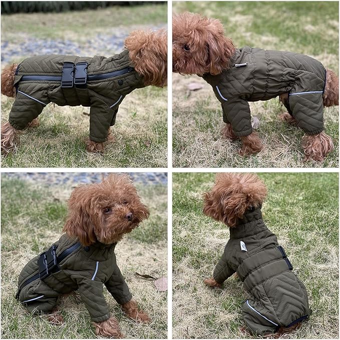 Warm Dog Coat Double Layers Dog Vest, 4 Legs Covered Windproof Waterproof Reflective Warm Dog Vest Outdoor Skating Dog Costume for Small Medium Large Dogs Olive XL