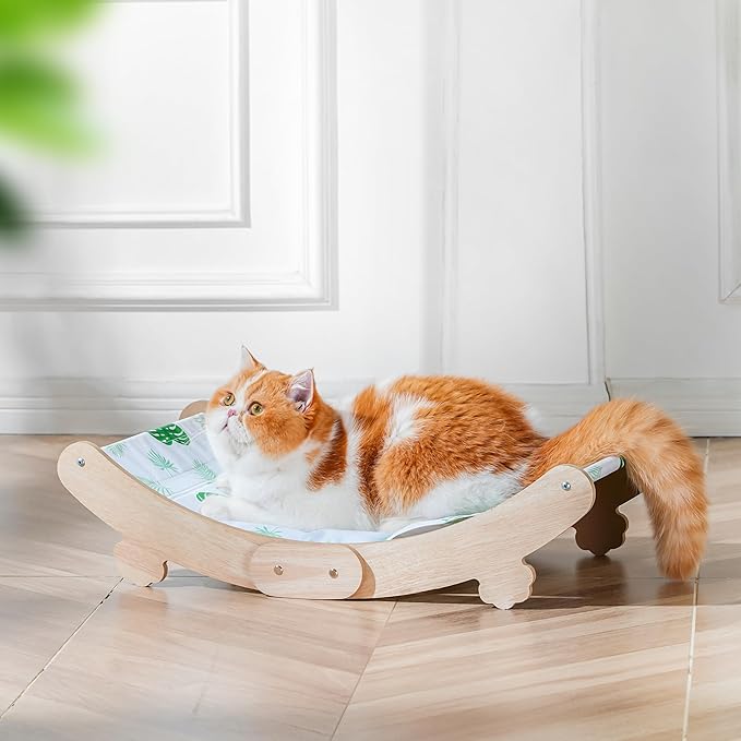 Cooling Cat Bed Hammock with Water Mat, Waterproof Elevated Cat Beds Chair with PVC Fabric, Curved Design, Pet Furniture Couch, Summer Pet Bed for Indoor Use, Green
