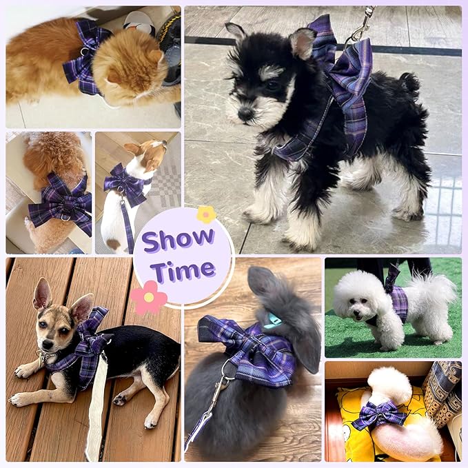 Cute Dog Harness and Leash Set with Bow Tie Soft Mesh Plaid Girl Puppy Harness No Pull Pet Cat Dog Vest Harness for Small Dogs Chihuahua Rabbit Outfit (Purple,L)