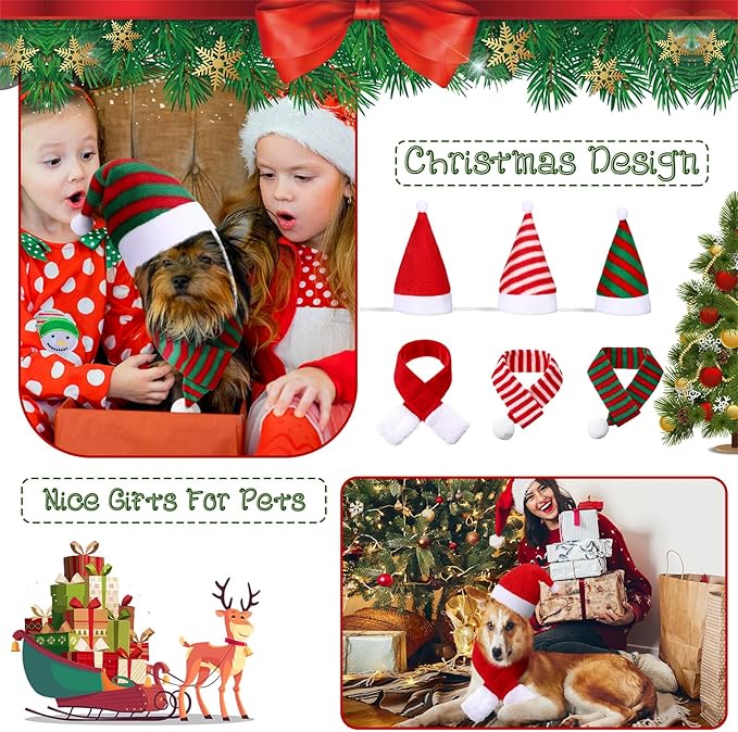 6 Pieces Pet Cat Dog Christmas Hat with Scarf pet Santa Hat Scarf Set Holiday Party Cute Costumes for Small Dogs Cats