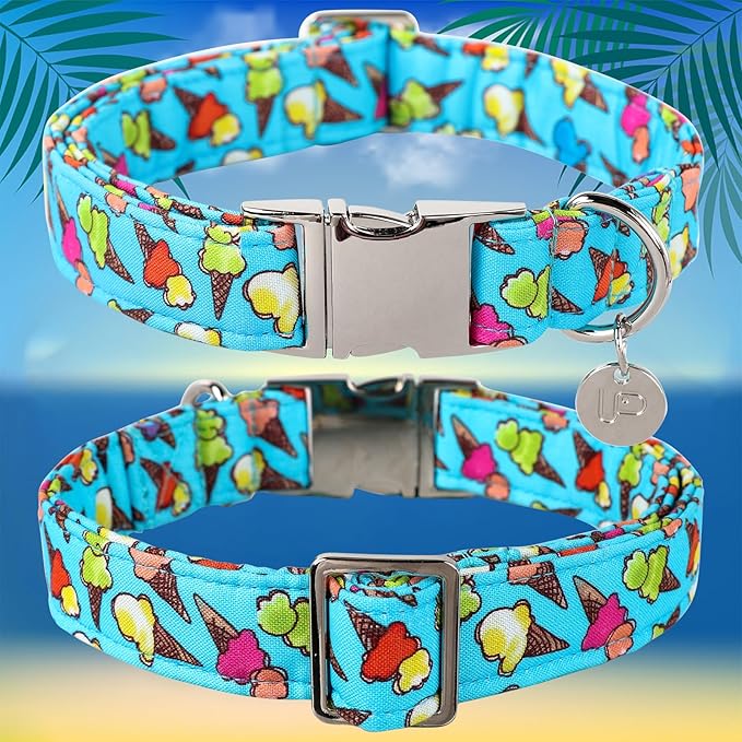 Ice Cream Summer Cotton Dog Collar with Metal Buckle Gift Collar for Small Medium Large Girls or Boys Dogs Cute Durable Comfortable Pet Collars