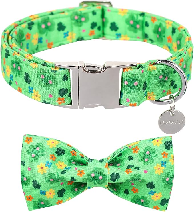 St. Patrick's Dog Collar with Bow Tie, Cotton St. Patrick's Bowtie Collar for Girl Boy Dog, Lucky Shamrock Dog Collar with Metal Buckle, Green, Spring, S