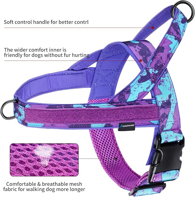 Annchwool No Pull Dog Harness with Soft Padded Handle,Escape Proof and Quick Fit to Adjust Dog Harness,Easy for Training Walking for Small & Medium and Large Dogs(Camo Purple,M)