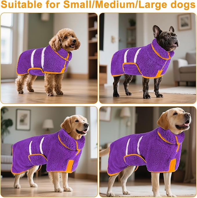 Bienbee Dog Bathrobe, Quick Drying Super Absorbent Dog Robes for After Bath, Warm Keeping Dogs Towel, Dogs Bath Supplies, Dark Purple L