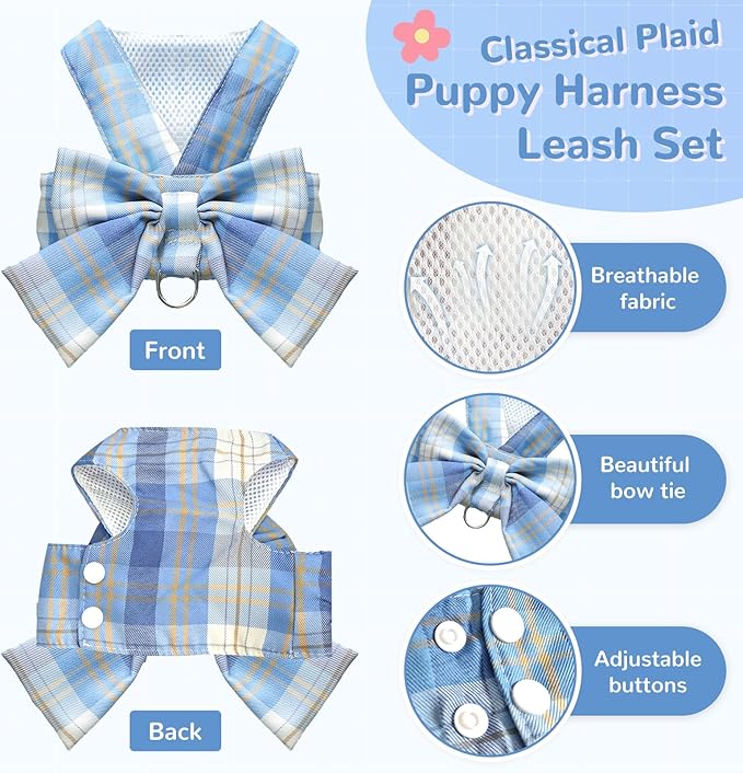 Cute Dog Harness and Leash Set with Bow Tie Soft Mesh Plaid Girl Puppy Harness No Pull Pet Cat Dog Vest Harness for Small Dogs Chihuahua Rabbit Outfit (Blue,S)