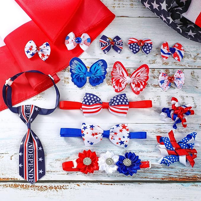 50 Pcs Dog Collar Bows Ties Set Patriotic Memorial Day 4th of July, Bow Flowers Charms Grooming for Small Medium Large Dogs Cats Collar Independence Day Party Decoration Costume Supplies