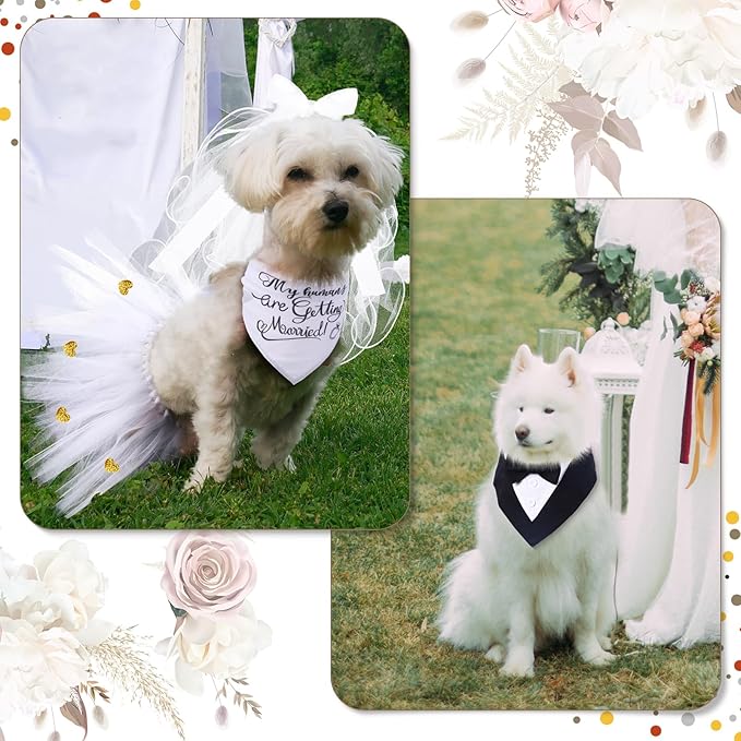 4 Pcs Dog Wedding Costume Set Include Veil with Clip, Bandana, Skirt, Adjustable Formal Bandana with Bowtie for Dog Bride Bridegroom Outfit Wedding Party(Medium)