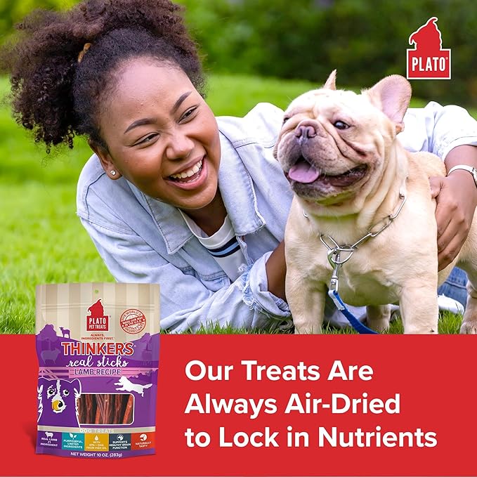 Plato Pet Treats Thinkers - Meat Stick Treats for Dogs - Limited Ingredient Dog Treats with EPA and DHA to Support Skin, Coat, and Brain - Air-Dried Dog Treats - Thinkers Lamb 18oz