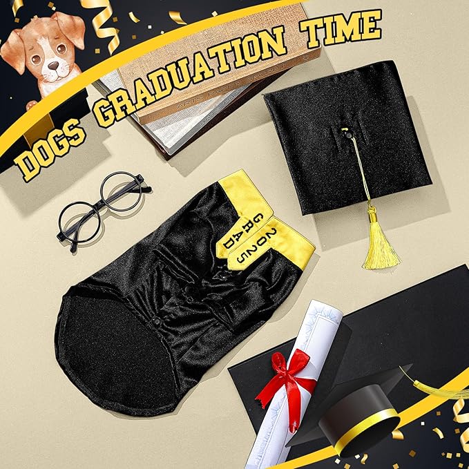 5 Pcs Dog Graduation Costume Set Include 2025 Pet Graduation Gown with Stole Puppy Grad Cap Lensless Glasses DIY Letter Stickers for Dogs Cats Holiday Costume Accessory(Black Yellow,XL)