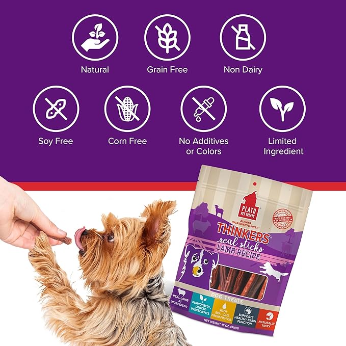 Plato Pet Treats Thinkers - Meat Stick Treats for Dogs - Limited Ingredient Dog Treats with EPA and DHA to Support Skin, Coat, and Brain - Air-Dried Dog Treats - Thinkers Lamb 18oz