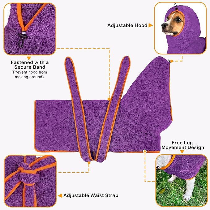 Bienbee Soft Dog Bathrobe,Super Absorbent & Quick-Drying Dog Robe with Hood, Cozy Drying Coat for After Bath, Purple M