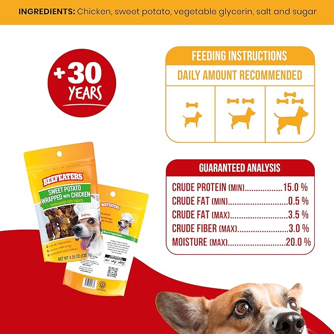 Dog Treats - Sweet Potato Wrapped with Chicken 4.25oz, Case of 6 | Dog Food No Corn/Wheat/Soy/Gluten | Low Fat, Grain-Free, Training & Rewards | Dog Training Treats For All Dog Sizes | BEEFEATERS