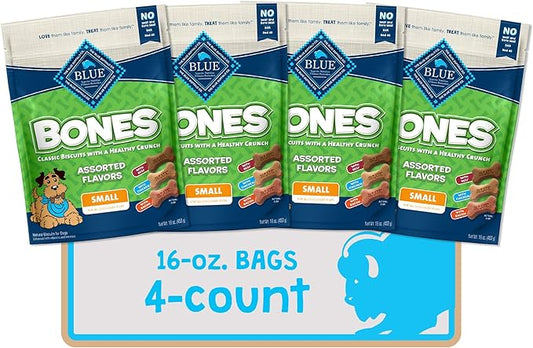 Blue Buffalo Bones Small Natural Dog Treats, Crunchy Dog Biscuits, Assorted Flavors - Beef, Chicken, Bacon Flavors, 16-oz. Bag (4 Pack)