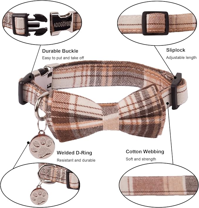 ADOGGYGO Soft Dog Collar, Brown Plaid Pet Collar with Detachable Bow Tie Adjustable Plaid Bowtie Collars for Small Medium Large Dogs Pets (Small)