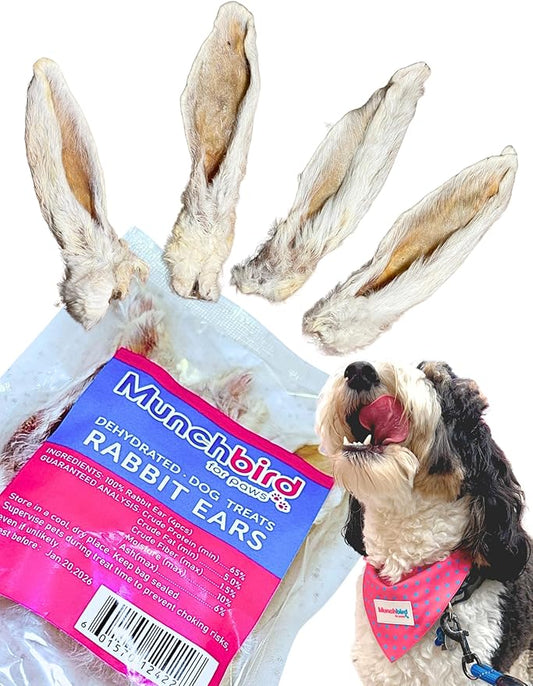 Dehydrated Rabbit Ears for Dogs (4pcs) European Furry Rabbit Natural Fiber for Digestive Health