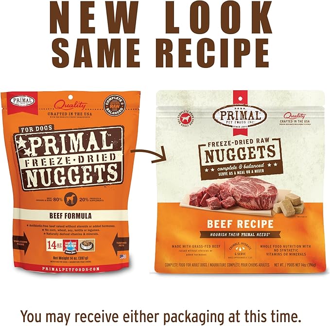 Primal Freeze Dried Dog Food Nuggets, Beef; Complete & Balanced Meal; Also Use as Topper or Treat; Premium, Healthy, Grain Free, High Protein Raw Dog Food, 14 oz (Pack of 4)