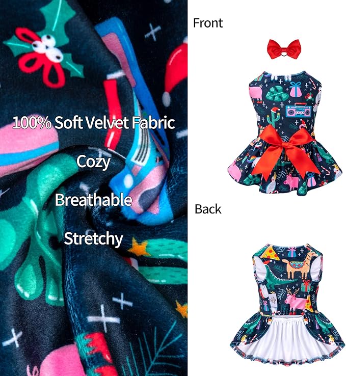 CuteBone Christmas Dog Dresses Outfit Velvet Holiday Small Dogs Clothes Onesie Pet Apparel Girl Puppy Skirt with Bow Hair Rope CVA32M
