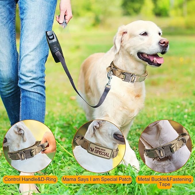 KCUCOP Tactical Dog Collar with Handle,Adjustable Military Dog Collar with Metal Buckle and Patches,Heavy Duty Dog Collars for Medium Dogs (Camo-M)