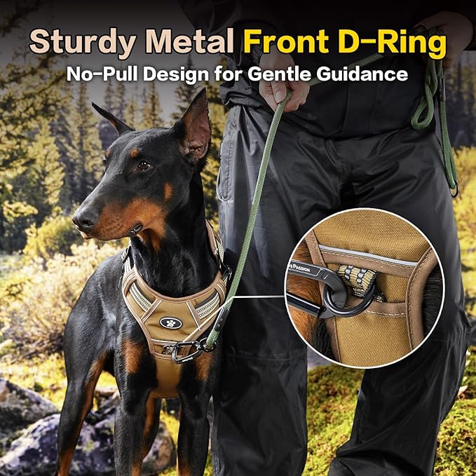 PawsPassion Tactical Dog Harness for X-Large Dogs, Chew-Proof Metal Hardware, Heavy Duty No Pull Dog Harness, Reflective Strips, Adjusting Ring, MOLLE System, Hook and Loop Panel (Sandstone, XL)