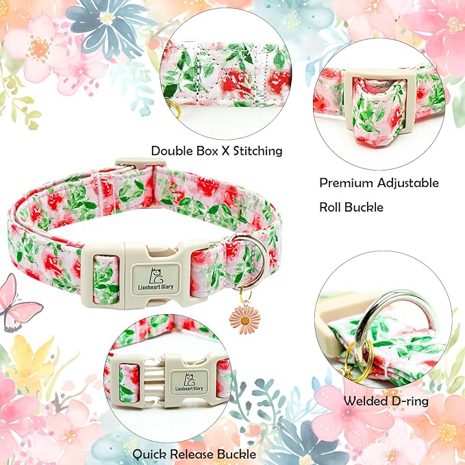 Lionheart glory Dog Collar Pink Flower Dogs Collar Summer Spring Cute Collars Dog Girl or Boy Soft Durable Adjustable Dog Collars for Small Dogs Pet Gift