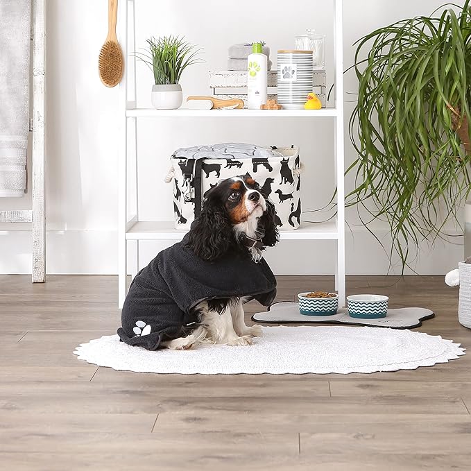 Bone Dry Pet Robe Collection, Embroidered Absorbent Microfiber Bath Robe with Adjustable Closure, for Dogs & Cats, Medium, Black