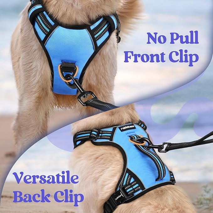 rabbitgoo Dog Harness for Large Dogs, No Pull Pet Harness with Soft Padded Handle, Adjustable Reflective Vest with 3 Buckles, Easy Walking Harness with 2 Leash Clips, Light Blue, XL
