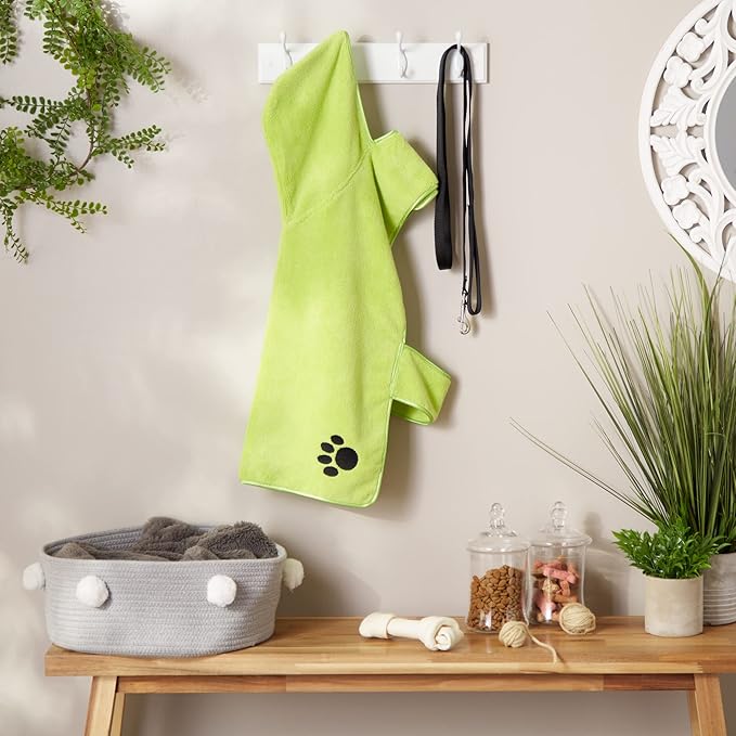 Bone Dry Pet Robe Collection, Embroidered Absorbent Microfiber Bath Robe with Adjustable Closure, for Dogs & Cats, Large, Lettuce Green