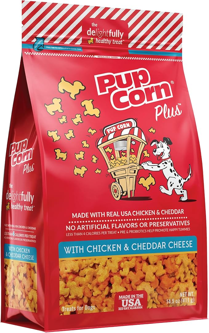 Pup Corn Plus - Puffed Dog Treats with Prebiotics and Probiotics - Chicken & Cheddar Cheese (16oz) - Made in USA