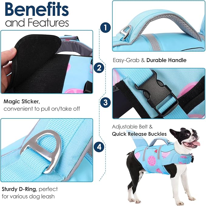 AOFITEE Dog Life Jacket, Shark Dog Life Vest for Swimming Boating, High Flotation Pet Lifesaver with Rescue Handle, Reflective French Bulldog Lifejacket, Life Jackets for Small Medium Large Dogs, M