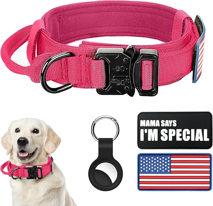 Tactical Dog Collar and Bungee Leash,Military Dog Collar & Leash Set with USA American Flag Adjustable K9 Collar with Heavy Duty Metal Buckle & Handle,with Patches and Airtags Case (Pink(1PCS), XL)