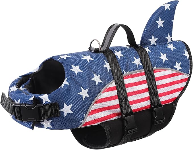 Queenmore Large Dog Life Vest for Boating, American Flag Dog Life Vest for Swimming, Lightweight Medium Dog Life Jacket with Shark Fin/Rescue Handle/Leash Hook, L