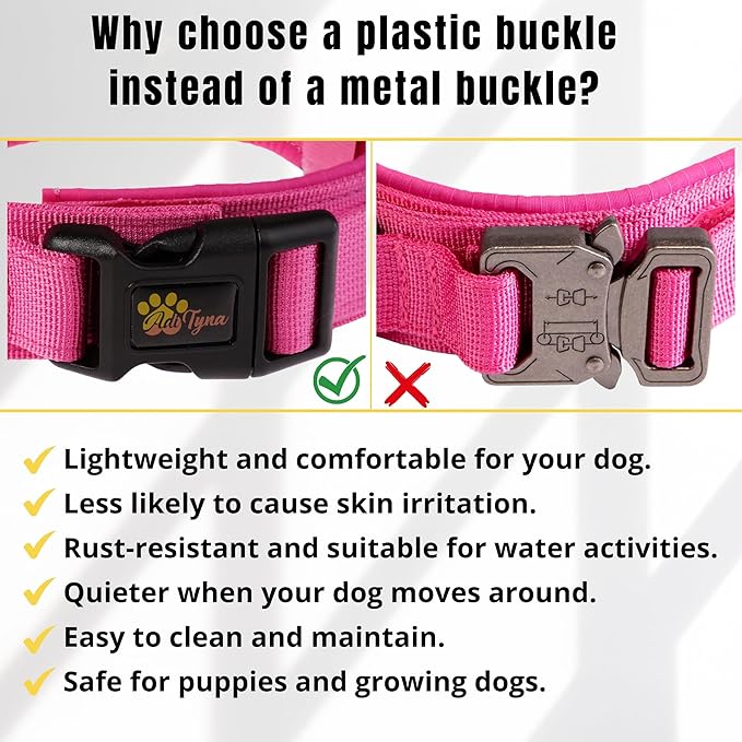 ADITYNA - Tactical Dog Collar for Large Dogs - Soft Padded, Heavy Duty, Adjustable Pink Dog Collar with Handle for Training and Walking