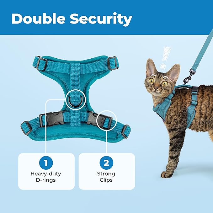 Voyager Escape Proof Cat Harness and Leash Set with Reflective Stitching, Neoprene Handle 5ft - Supports Small, Medium and Large Cats, Kittens for Walking by Best Pet Supplies - Turquoise, XXXS