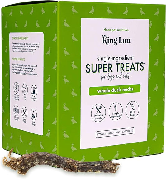 King Lou Pets - Whole Duck Necks for Dogs and Cats - Single Ingredient Dog Treat - Dehydrated Cat Treats - USA-Made Dog and Cat Treats - Supports Hip and Joint Health - 20 Count